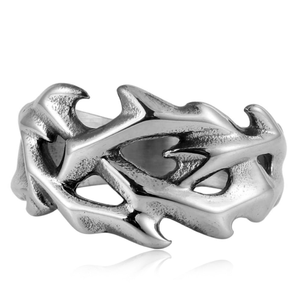 Thorn Hollow Men Ring, S925 Silver Antiqued Vintage Vines Dark Style Statement Band