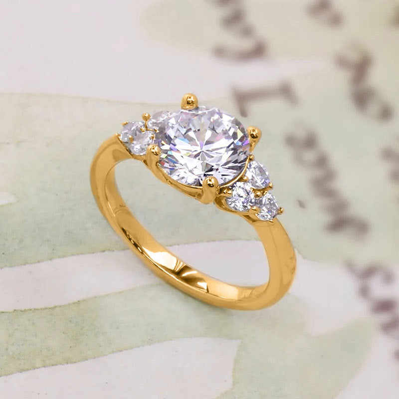 Four-Prong Round Center Stone Side Accent Engagement Ring, Solid S925 Silver Gold & Silver Two-Tone Luxury Promise Jewelry