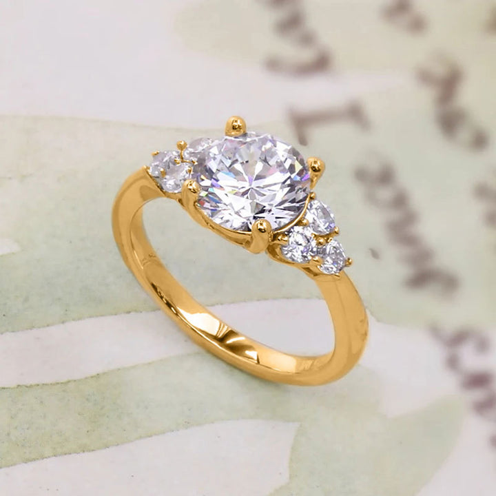 Four-Prong Round Center Stone Side Accent Engagement Ring, Solid S925 Silver Gold & Silver Two-Tone Luxury Promise Jewelry