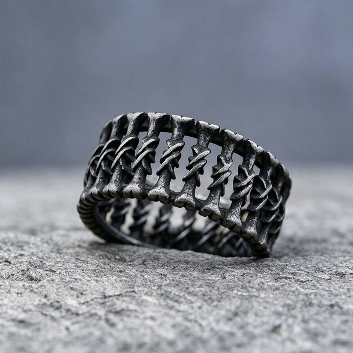 Antiqued Twisted Bone Hollow Wide Ring, S925 Silver Matte Black Dark Punk Unisex Band