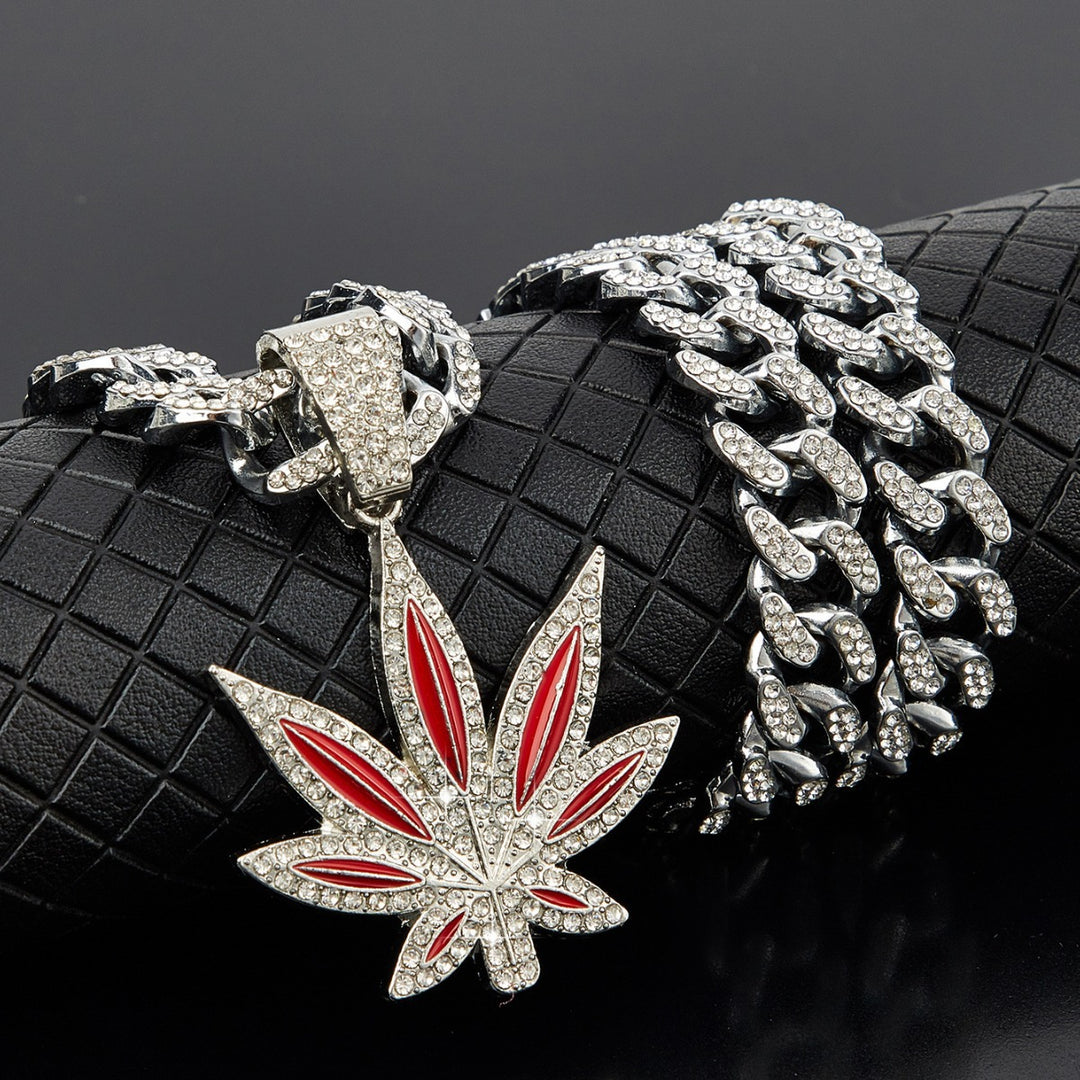 Color Enamel Maple Leaf Iced Out Cuban Necklace, Hip Hop Chunky Diamond Chain Trendy Pendant Necklace for Men