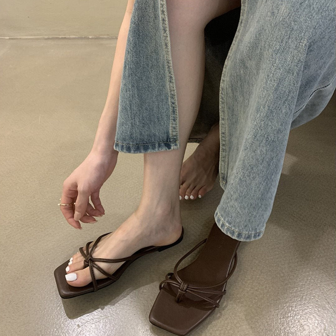 French Thin Strap Square Toe Slide Sandals, Multi Color Flat Summer Slippers