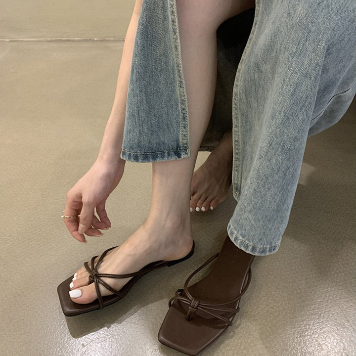 French Thin Strap Square Toe Slide Sandals, Multi Color Flat Summer Slippers