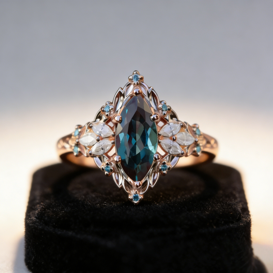 Marquise Cut Iridescent Gem Filigree Ring (Vintage Royal High-End Band)