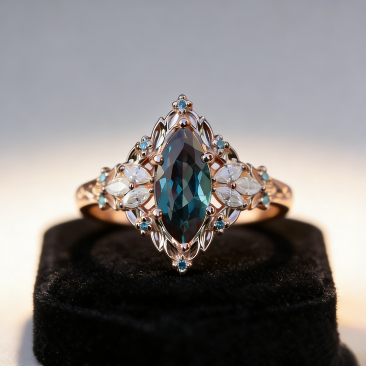 Marquise Cut Iridescent Gem Filigree Ring (Vintage Royal High-End Band)