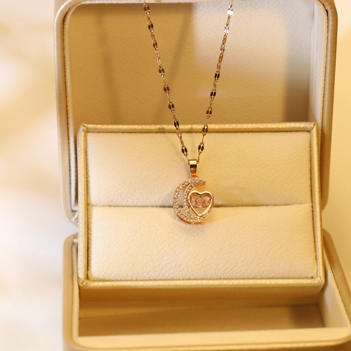 Gold Hollow Moon & Heart Pendant Necklace