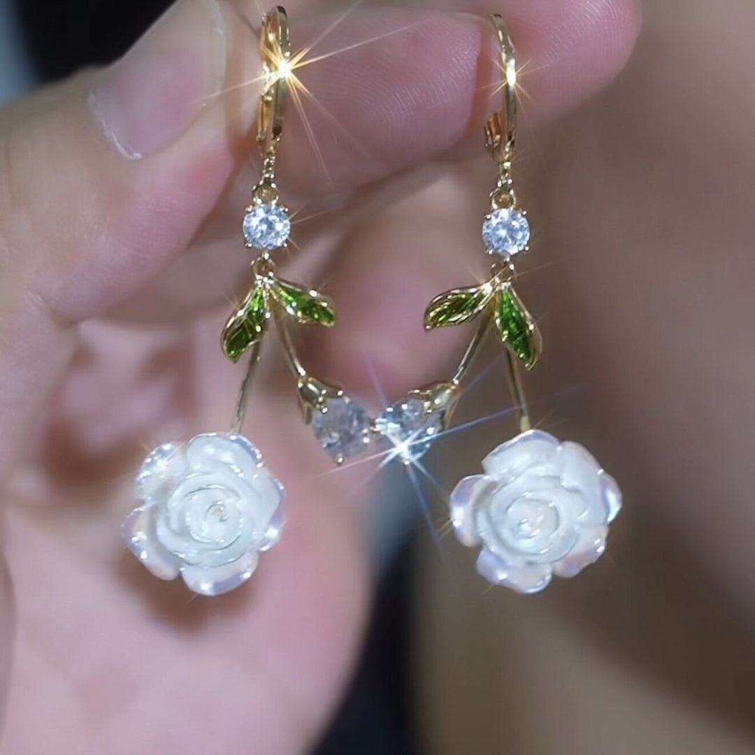 Iridescent White Rose Drop Huggie Earrings, French Fresh Green Leaf Diamond S925 Silver Long Earrings