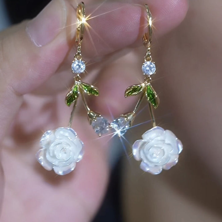 Iridescent White Rose Drop Huggie Earrings, French Fresh Green Leaf Diamond S925 Silver Long Earrings