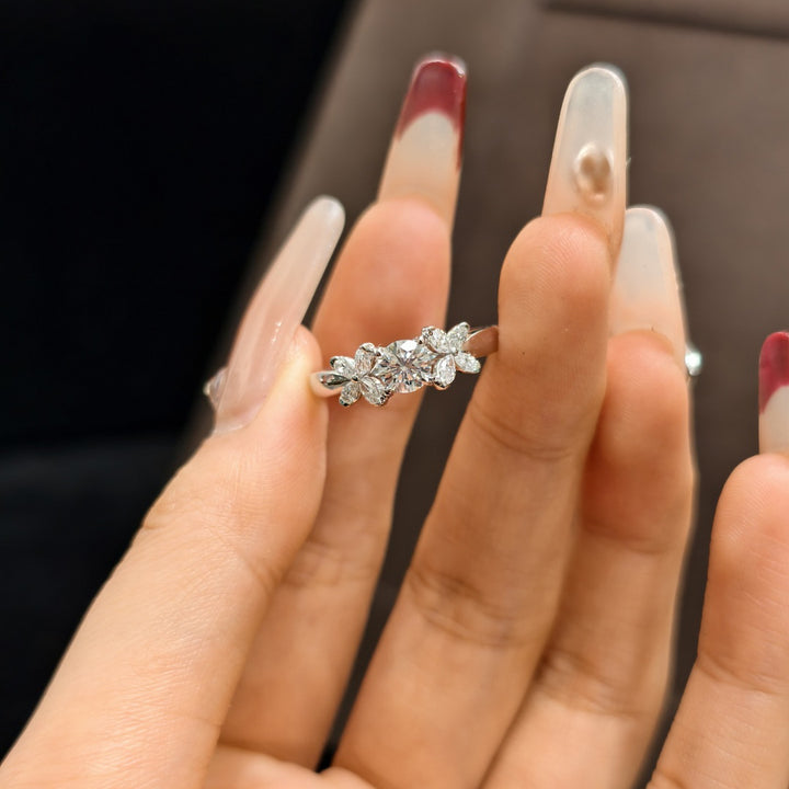 S925 Silver Three‑Flower Cluster Diamond Ring, Delicate Floral Row‑Diamond Simple Ring for Women