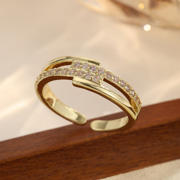 Double Layer Pave Cross Open Ring (2 Colors Delicate Adjustable Band)