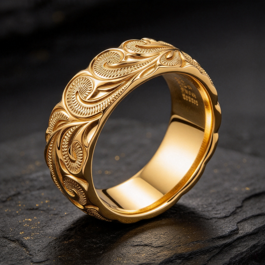 Vintage Scroll‑Engraved Wide S925 Silver Ring, European Carved Band Ring, Gold & Silver Two‑Tone For Men