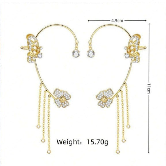 Butterfly Flower Tassel Integrated Ear Cuff, Non-Pierced Paved Diamond Long Ear Wrap Gold & Silver Fairy Dangle Jewelry