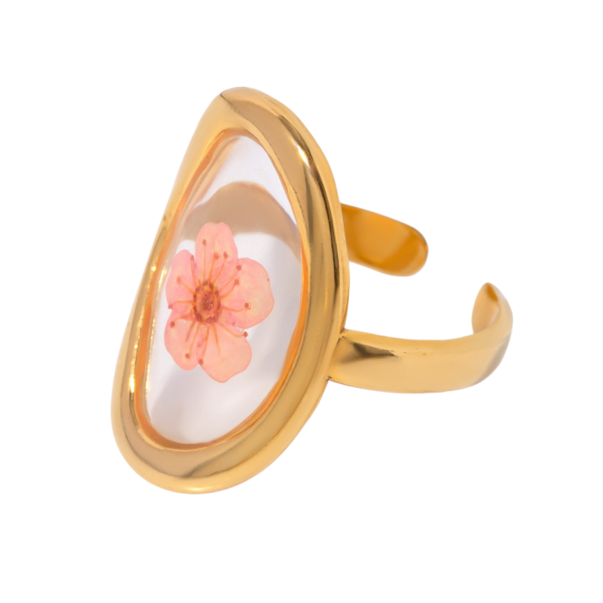 Hammered Frame Oil Painting Open Ring, Pastoral Floral Art Ring