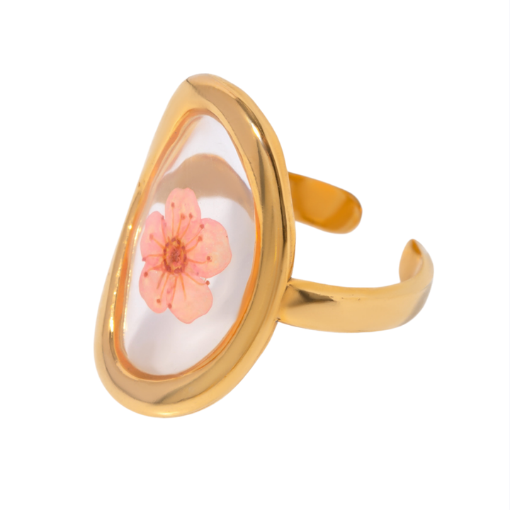 Hammered Frame Oil Painting Open Ring, Pastoral Floral Art Ring