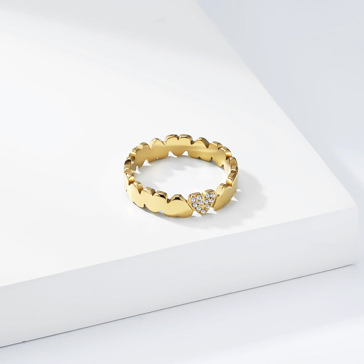 Linked Heart Eternity Band Ring, Continuous Smooth Hearts With One Pave Diamond Heart Gold Silver Romantic Stacking Ring For Women