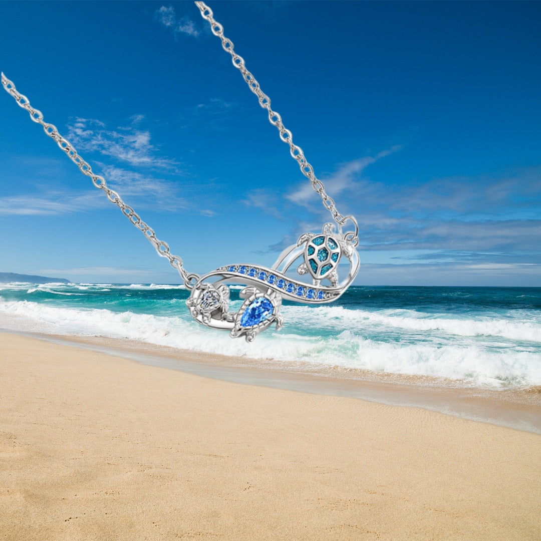Infinity Three Sea Turtles Blue Diamond Necklace, S925 Sterling Silver Ocean Style Clavicle Jewelry