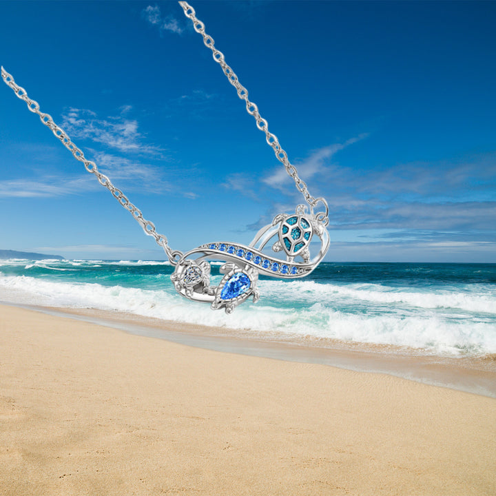 Infinity Three Sea Turtles Blue Diamond Necklace, S925 Sterling Silver Ocean Style Clavicle Jewelry