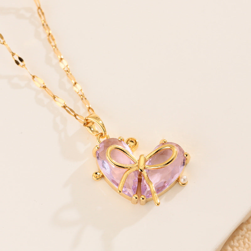 Bow‑Knot Heart Gem Pendant Necklace, 3‑Color Options