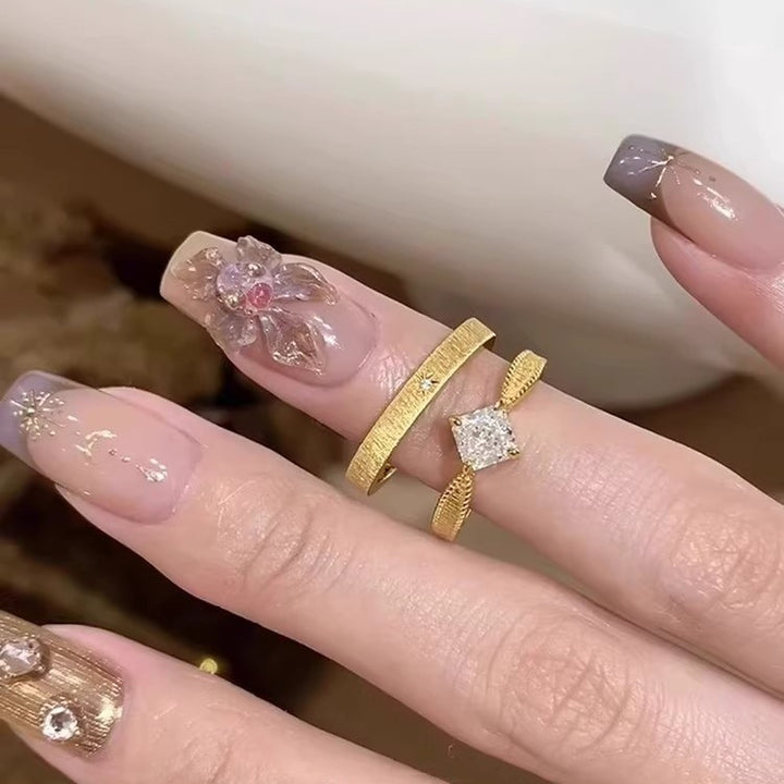 Vintage Princess Cut Wheat Ring Set, S925 Silver Brushed Star Band Two-Piece Rings, Gold & Silver Tone