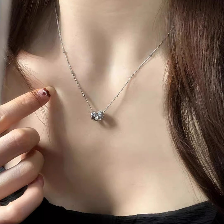 Double Ring Diamond Silver Tone Necklace (Minimalist Beaded Chain)