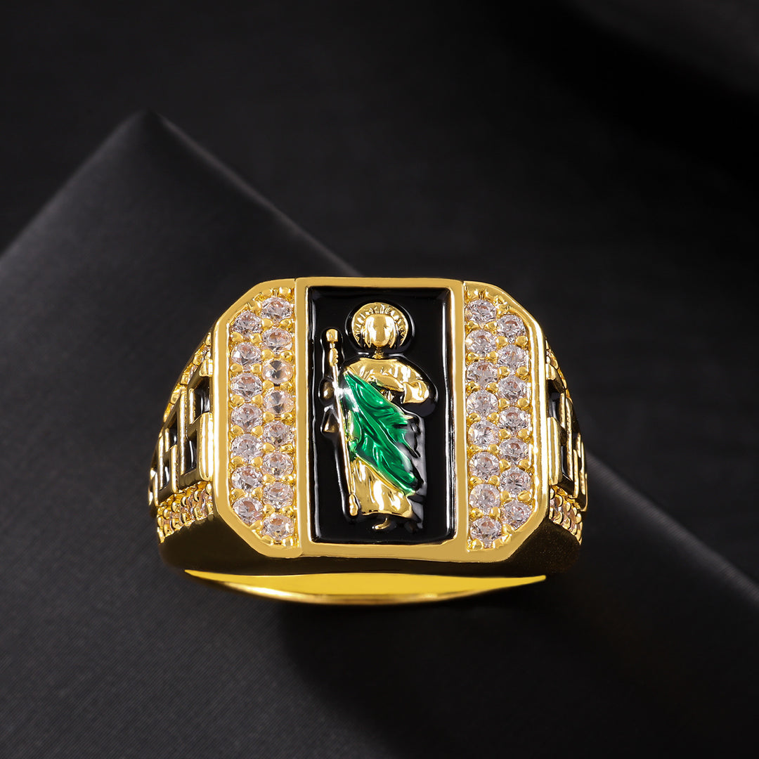 Green Robe Saint Paved Diamond Square Signet Ring, S925 Silver Gold Plated Western Religious Heavy Vintage Band For Men