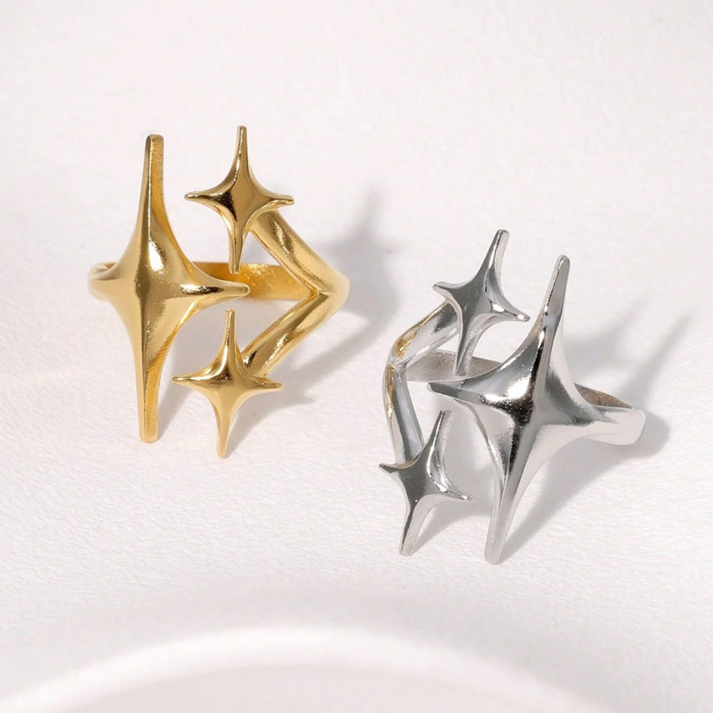 3D Triple Four-Pointed Star Open Ring, S925 Silver 14K Gold Plated Minimalist Star Statement Band For Women