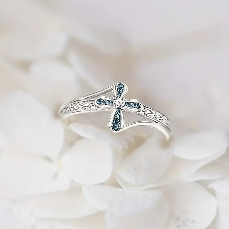 Blue‑White Diamond Cross Engraved Women's Ring