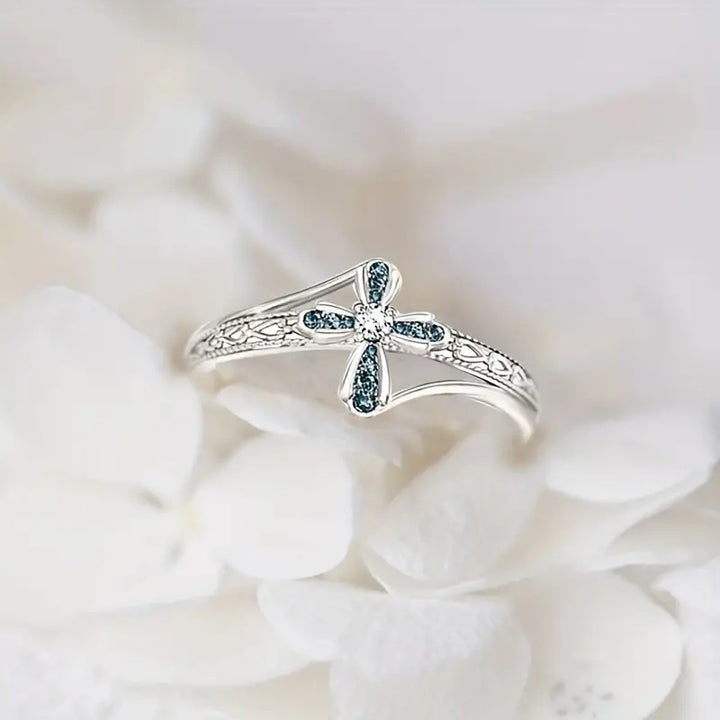 Blue‑White Diamond Cross Engraved Women's Ring