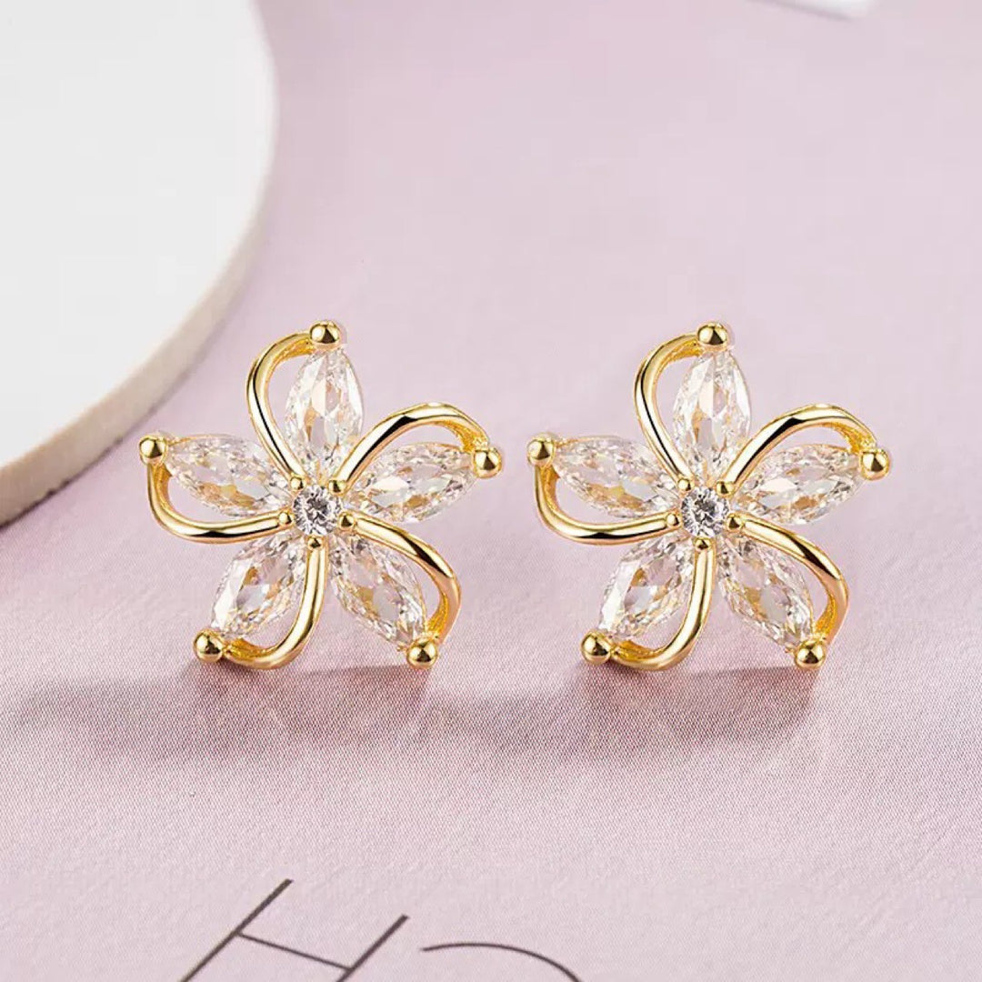 Hollow 5-Petal Flower Diamond Stud Earrings, Marquise Stone Floral Earrings, Gold & Silver Tone Minimal Flower Studs