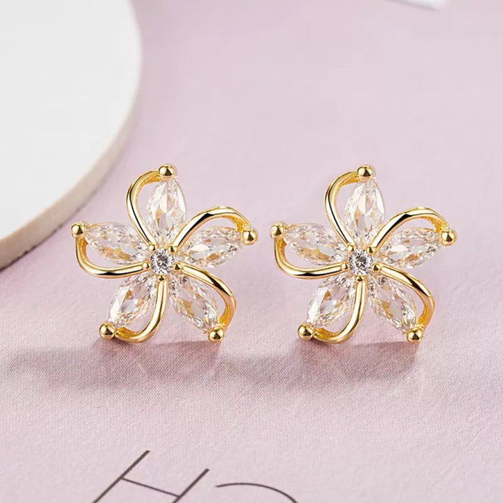 Hollow 5-Petal Flower Diamond Stud Earrings, Marquise Stone Floral Earrings, Gold & Silver Tone Minimal Flower Studs