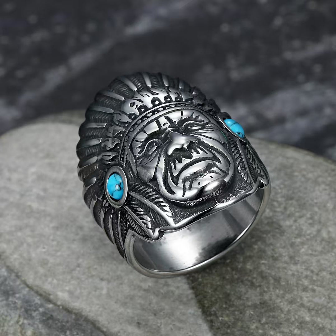 3D Embossed Native American Chief Turquoise Ring, S925 Silver Antiqued Western Vintage Wide Band For Men