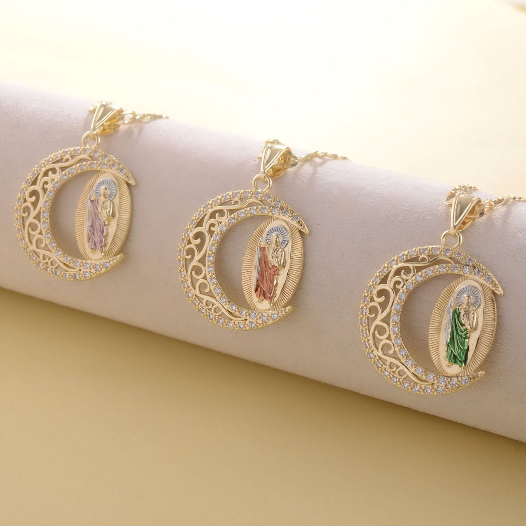 Gold Figaro Chain Necklace With Crescent‑Shaped Saint Enamel Pendant, Multi‑Color Option