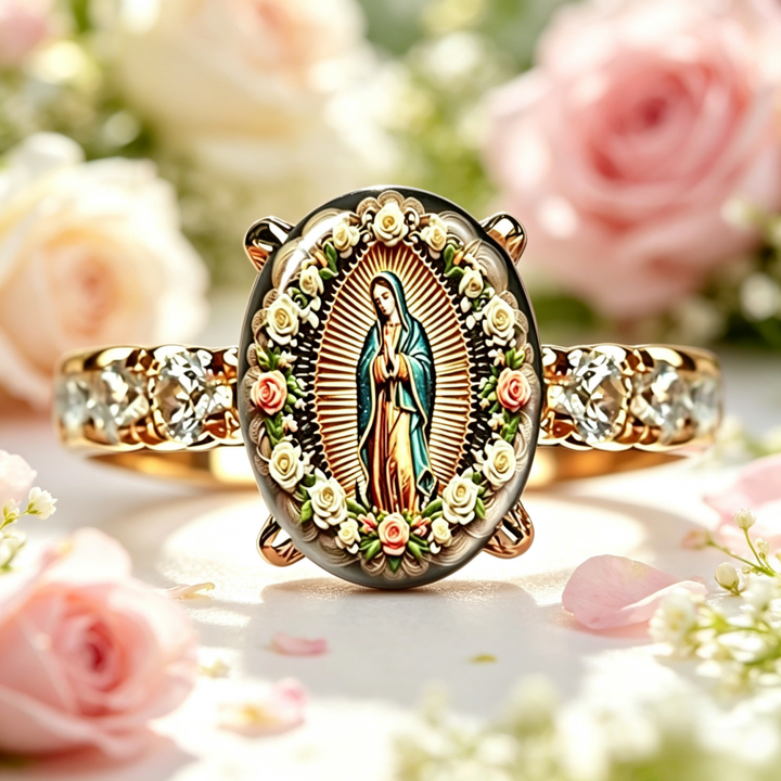 Our Lady of Guadalupe Floral Diamond‑Accented Religious Ring For Women