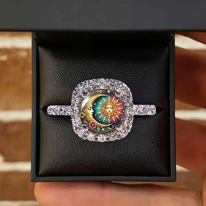 Sun & Moon Face Printed Square Halo Ring