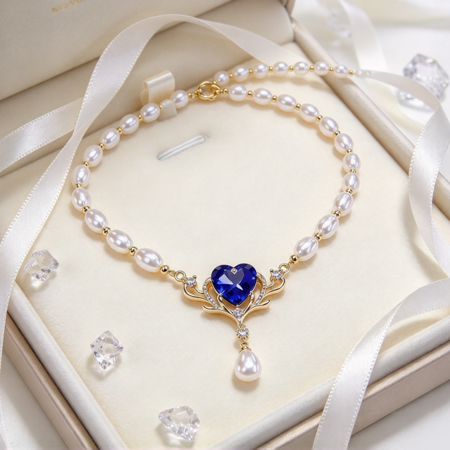 Vintage Pearl Necklace With Blue Heart Stone S925 Silver Gold‑Plated