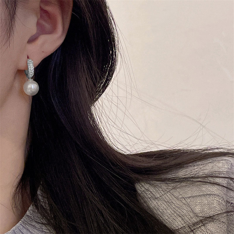 Paved C-Shape Pearl Leverback Hoop Earrings, 2-Way Detachable Dangle Pearl Luxury Daily Earrings for Women