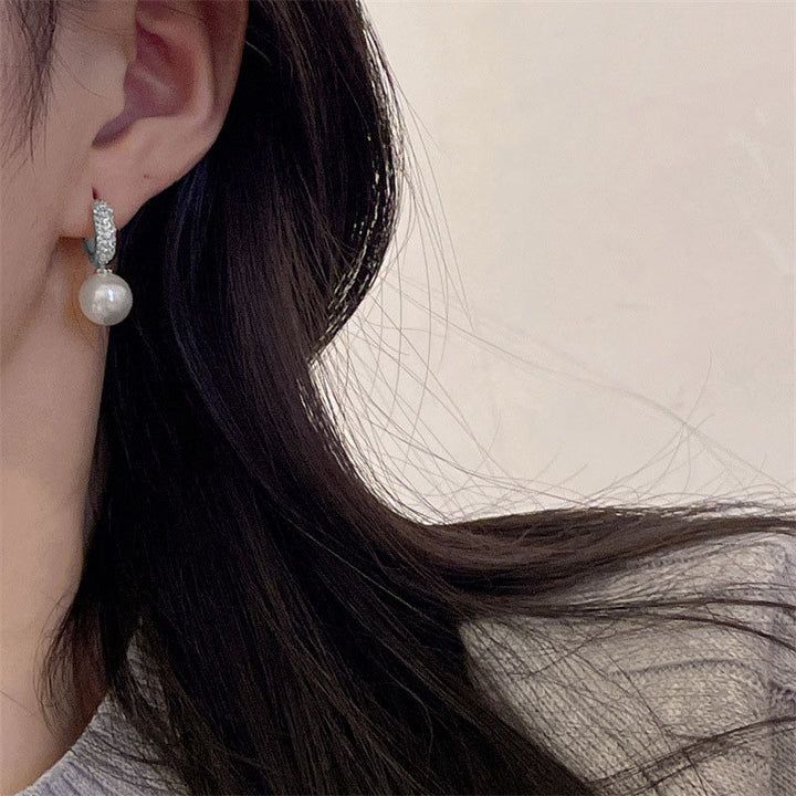 Paved C-Shape Pearl Leverback Hoop Earrings, 2-Way Detachable Dangle Pearl Luxury Daily Earrings for Women