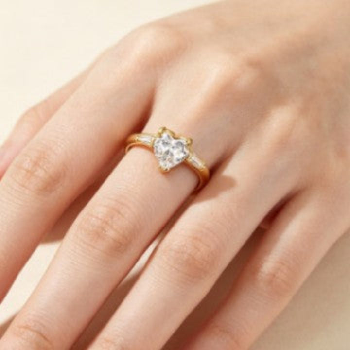 Heart Stone Baguette Diamond S925 Sterling Silver Ring, Luxury Heart Diamond Ring for Women