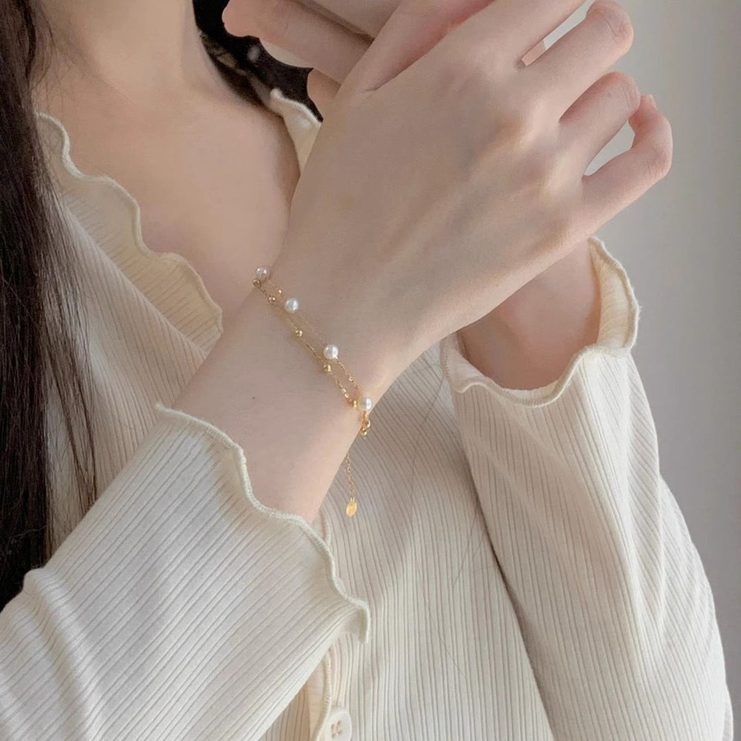 Double Layer Pearl & Beaded Bracelet, S925 Silver Minimalist Fresh Pearl Bracelet for Women, Gold & Silver Two Tones