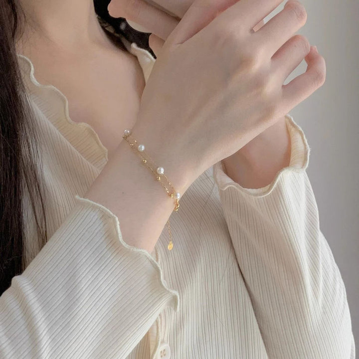 Double Layer Pearl & Beaded Bracelet, S925 Silver Minimalist Fresh Pearl Bracelet for Women, Gold & Silver Two Tones