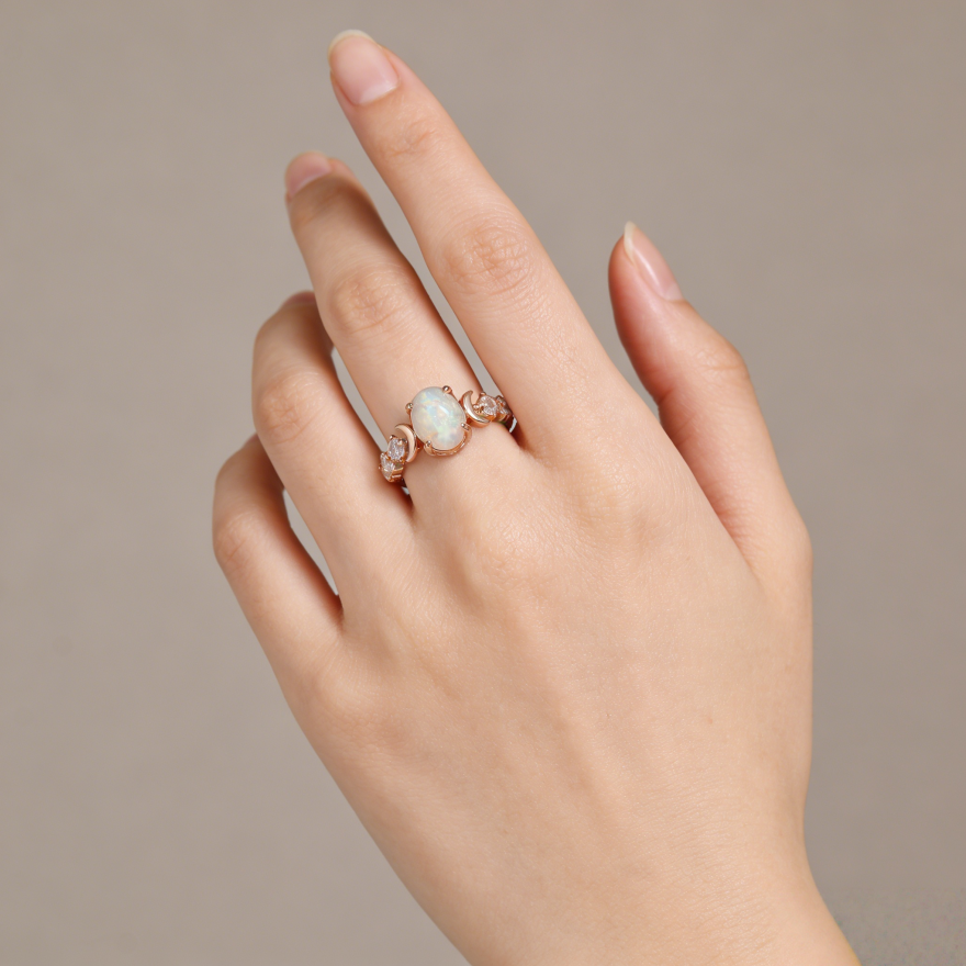 Moon & Star Opal Rose Gold Ring (Dreamy Girly Statement Band)