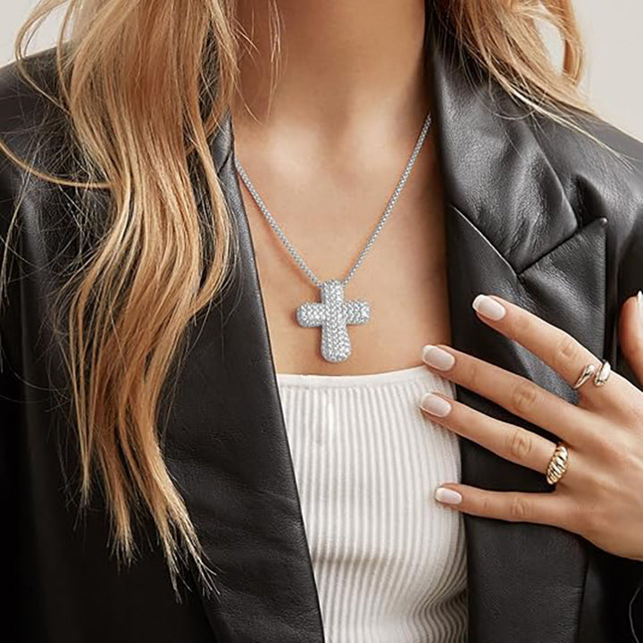Pavé Diamond 3D Cross S925 Silver Necklace, Hip Hop Iced Out Cross Pendant Chain