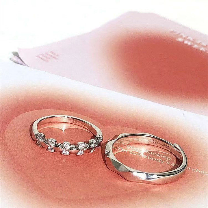 Faceted Surface Diamond‑Inlaid Couple Rings, Adjustable Open Band