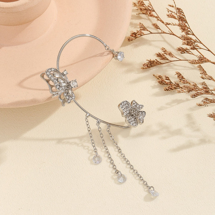 Butterfly Flower Tassel Integrated Ear Cuff, Non-Pierced Paved Diamond Long Ear Wrap Gold & Silver Fairy Dangle Jewelry