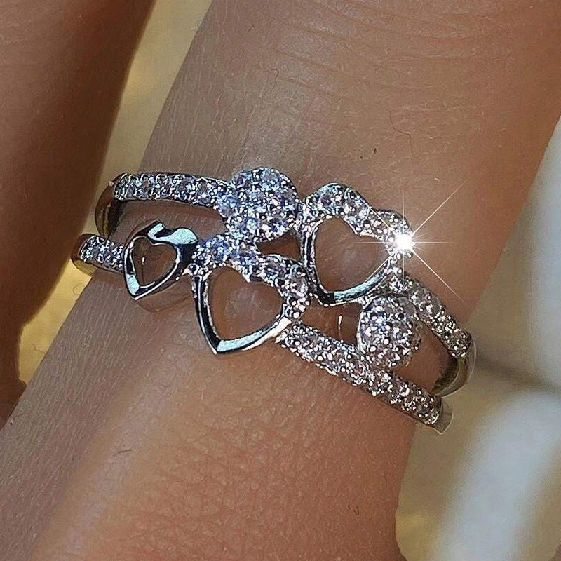 Triple Heart Pavé Ring (2 Colors Delicate Cutout Band)