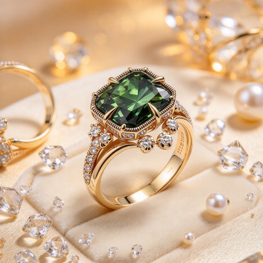Square Green Center Stone Vintage Paved Diamond S925 Silver Gold‑Tone Ring