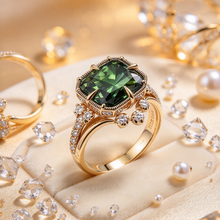 Square Green Center Stone Vintage Paved Diamond S925 Silver Gold‑Tone Ring