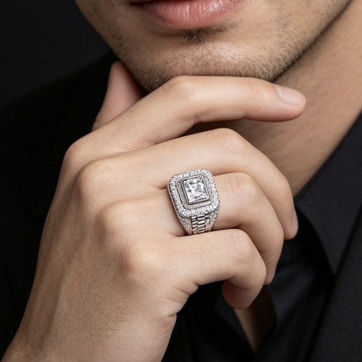 Hip Hop Square Paved Diamond Men Ring, Double Layer Square Watch Band Texture Heavy Titanium Steel Band Gold Silver Male Jewelry