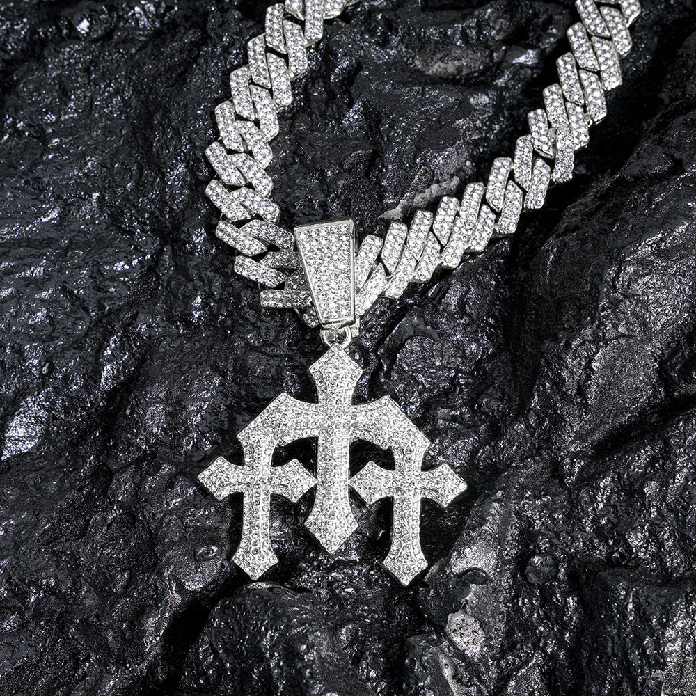 Iced Out Triple Cross Pendant Cuban Link Necklace, Hip Hop Heavy Diamond Chunky Chain Unisex Long Statement Necklace