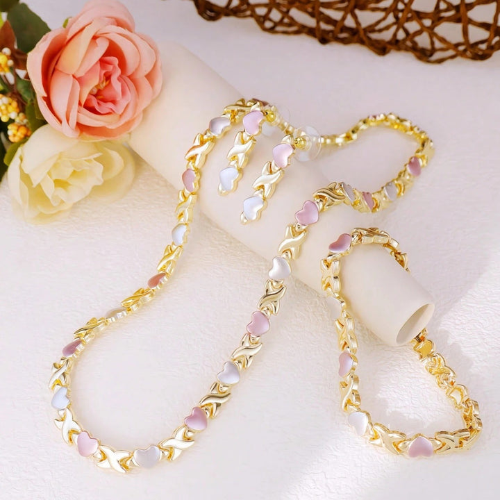 Sweet Two-Tone Enamel Heart Jewelry Set, 3Pcs Necklace Bracelet Earrings Heart Matching Jewelry